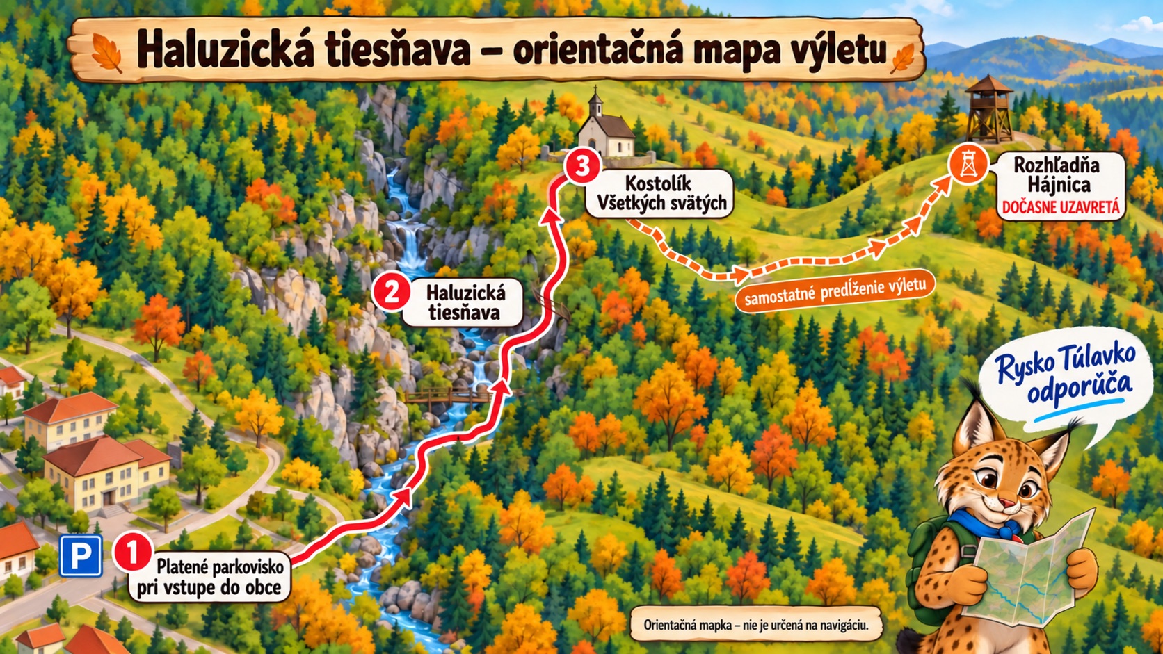 Orientačná mapa z plateného parkoviska cez Haluzickú tiesňavu ku Kostolíku Všetkých svätých a na vrch Hájnica s dočasne uzavretou rozhľadňou